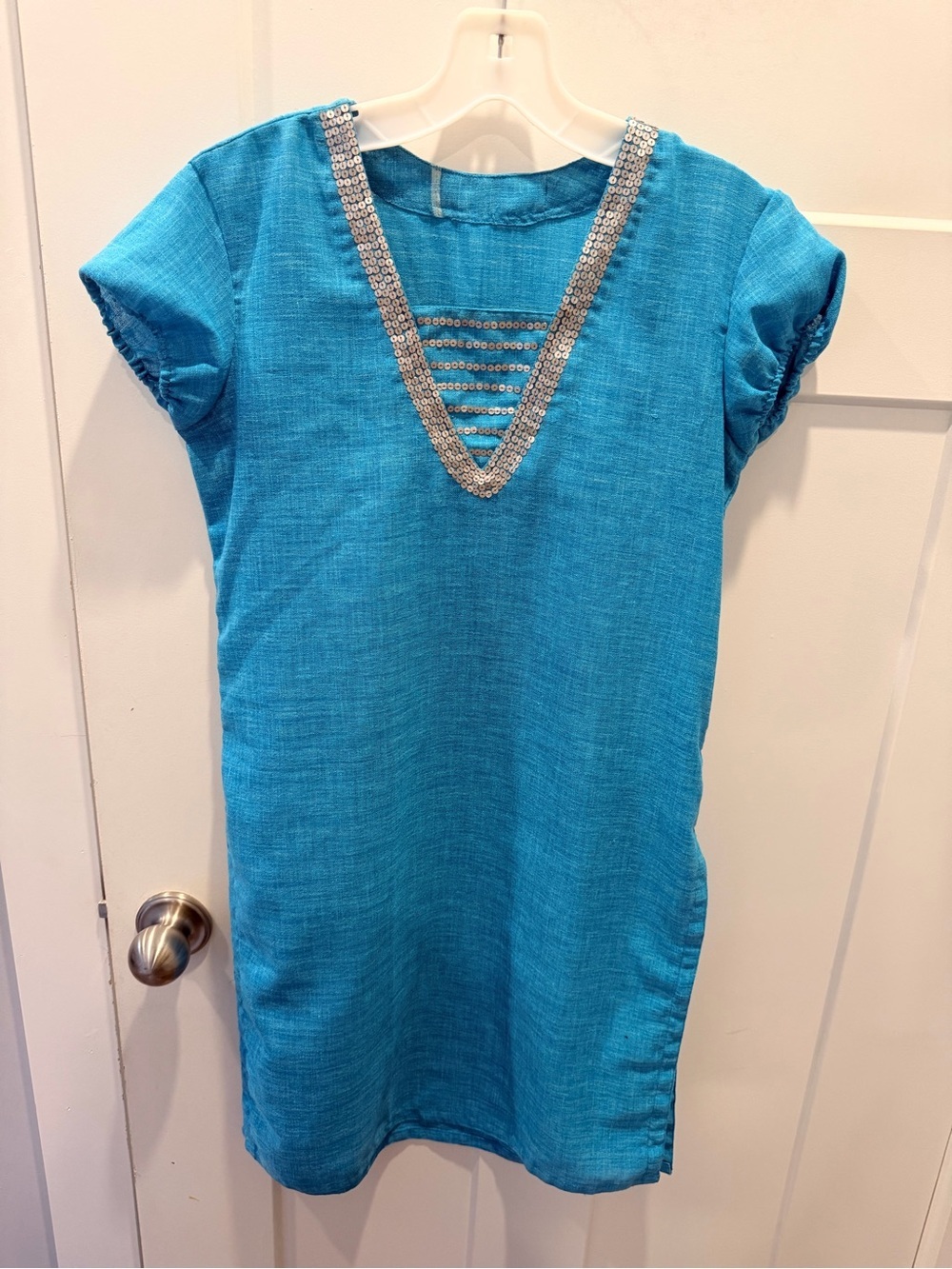 Turquoise Sequin Trim Tunic Dress Small Beach Resort Mini Dress